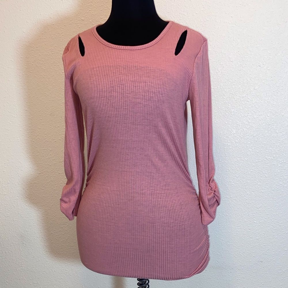 IZ Byer Chic Long Sleeve Pink Top with Cut-Out Shoulders Size M Stretch